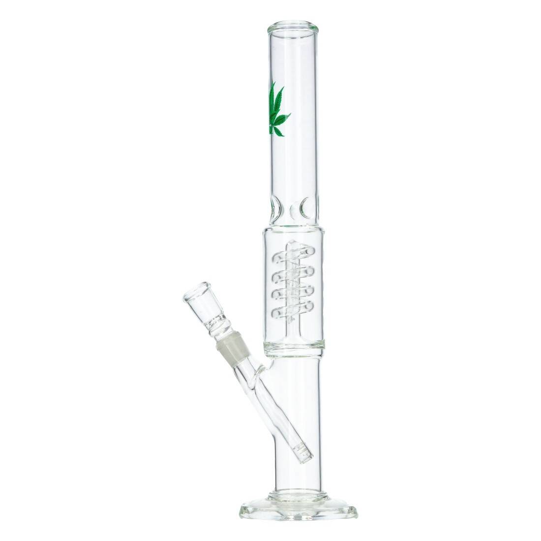 Bang en verre type ice bang avec feuilles de cannabis en décoration.