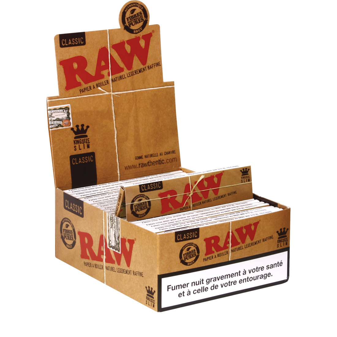 Feuille à rouler pour tabac slim marque Raw et carton, mass slim Raw.